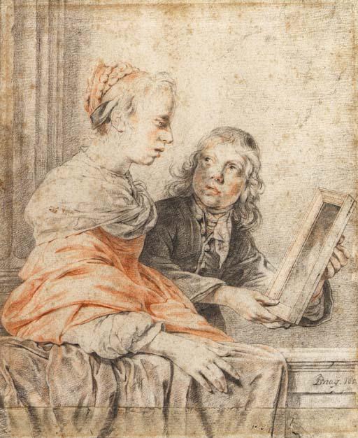 Jan De Bray - A young girl looking at her reflection in a mirror held by a page
