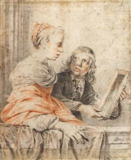 Jan De Bray - A young girl looking at her reflection in a mirror held by a page