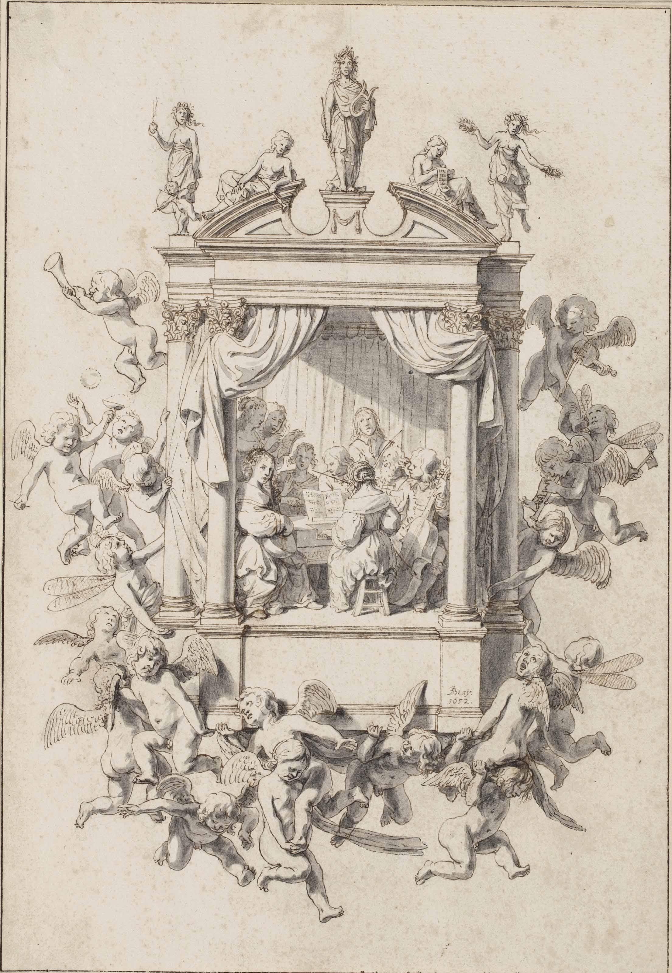 Jan De Bray - Design for a musical emblem: A chamber orchestra performing within an architectural surround, accompanied by putti, Apollo and the Muses
