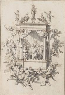 Jan De Bray - Design for a musical emblem: A chamber orchestra performing within an architectural surround, accompanied by putti, Apollo and the Muses