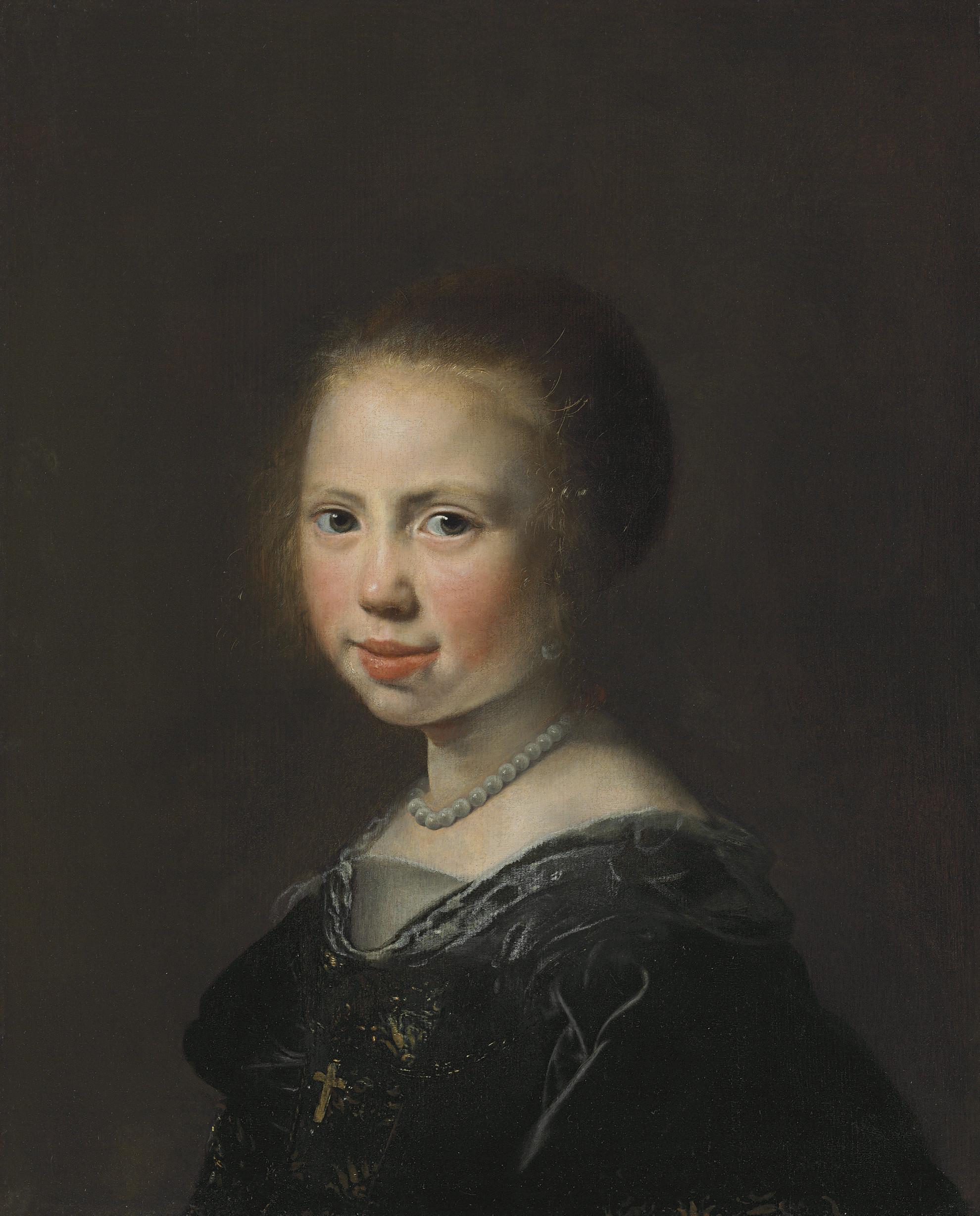 Jan de Bray - Portrait of a young girl, bust-length, in a black dress and pearl necklace