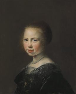 Jan de Bray - Portrait of a young girl, bust-length, in a black dress and pearl necklace