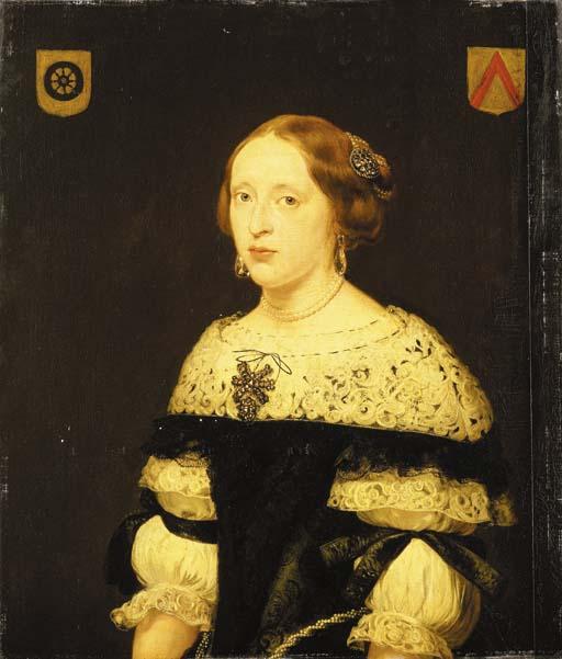 Jan De Bray - Portrait of Gudula de Kies van Wissen, née van der Wielen (1650-1680), aged 21, half-length, in a black dress with a lace collar and white sleeves with black ribbons