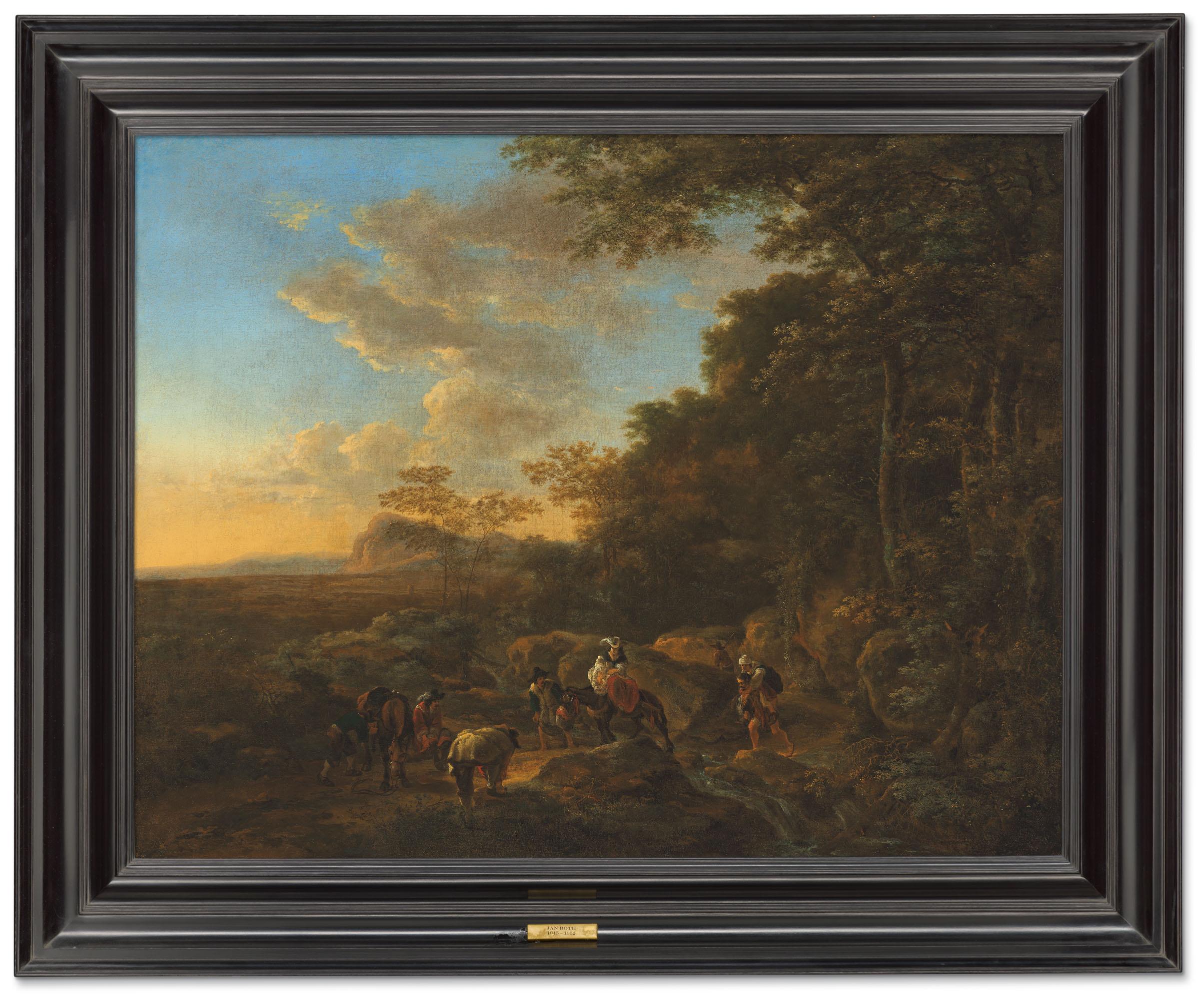Jan Dirksz. Both - A wooded landscape with travellers crossing a ford