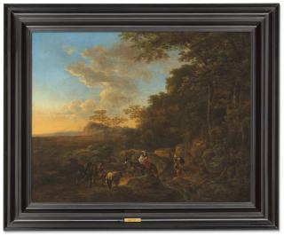 Jan Dirksz. Both - A wooded landscape with travellers crossing a ford