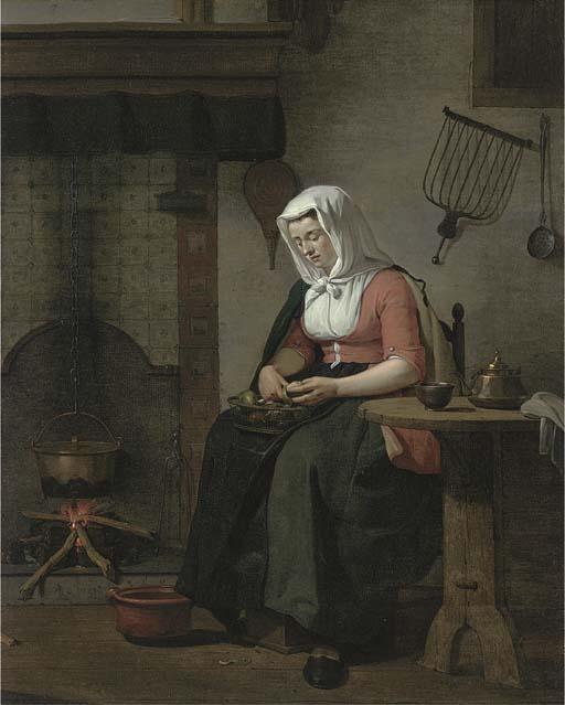 Jan Ekels II - A Woman Seated In A Kitchen Peeling Apples