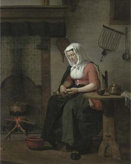 Jan Ekels II - A Woman Seated In A Kitchen Peeling Apples