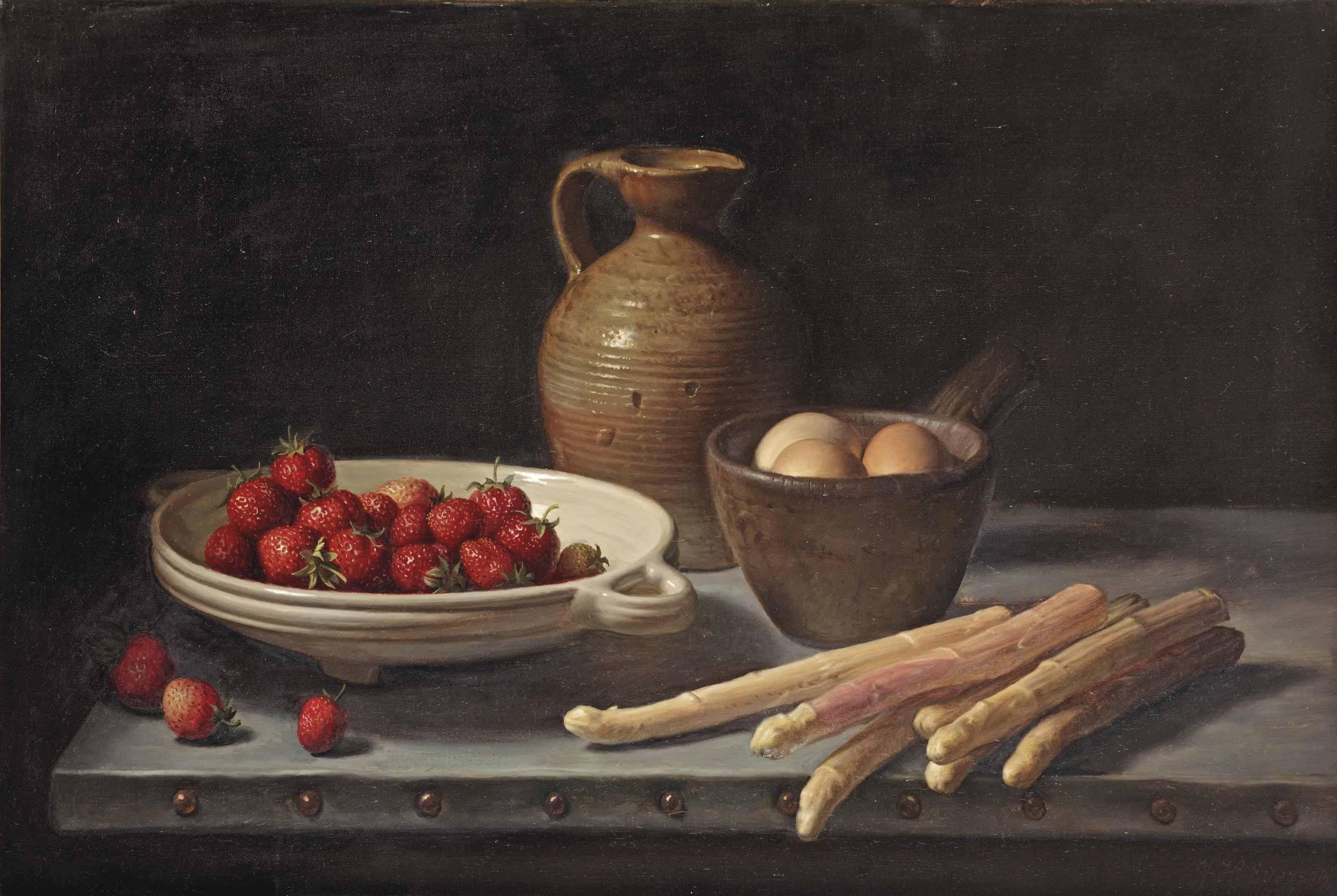 Jan Eversen - Strawberries, eggs, white asparagus and a stone jug on a table