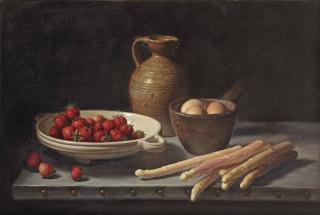 Jan Eversen - Strawberries, eggs, white asparagus and a stone jug on a table