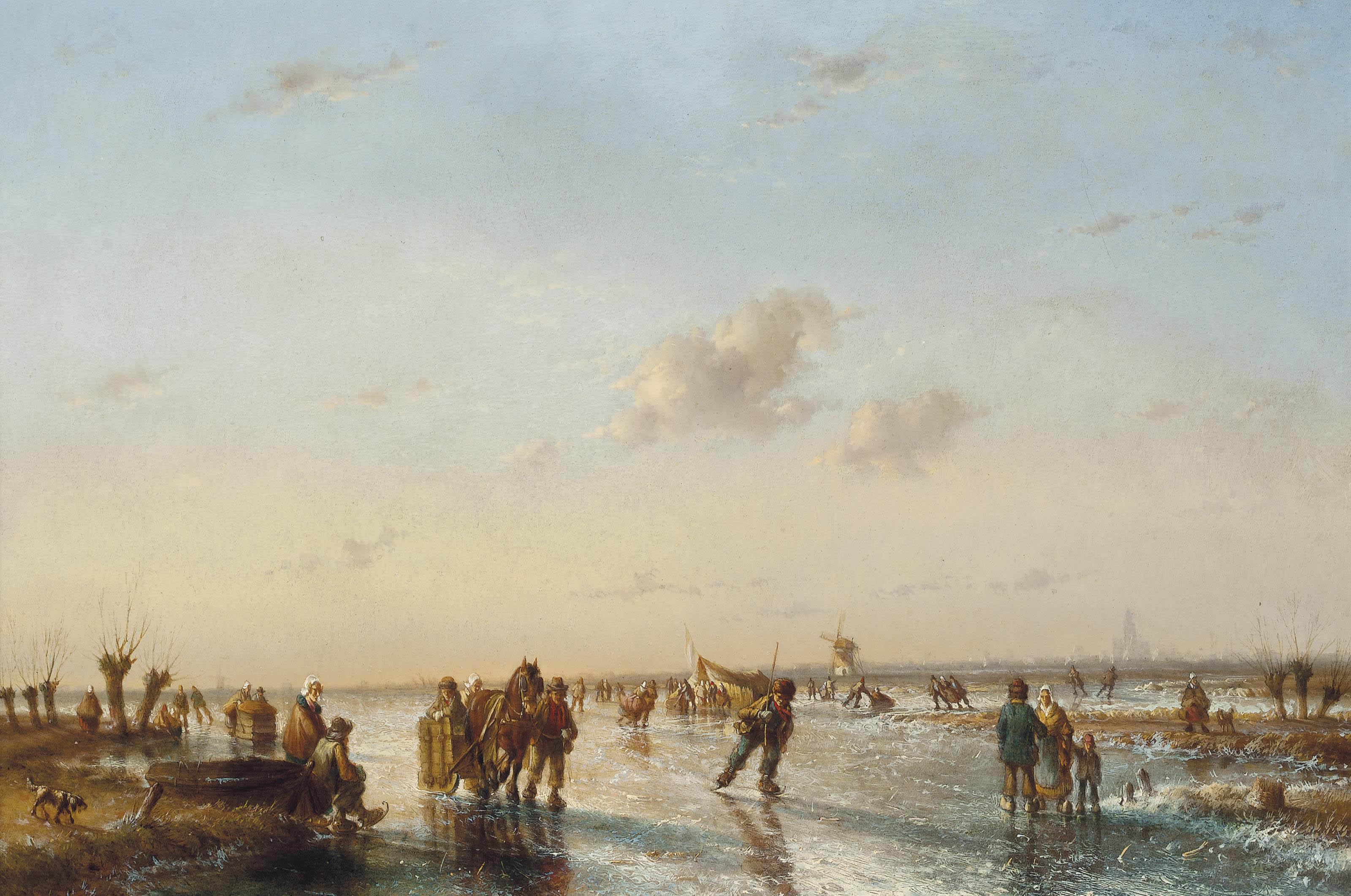 Jan Evert II Morel - Skaters On A Dutch Waterway At Dusk