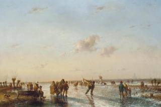 Jan Evert II Morel - Skaters On A Dutch Waterway At Dusk