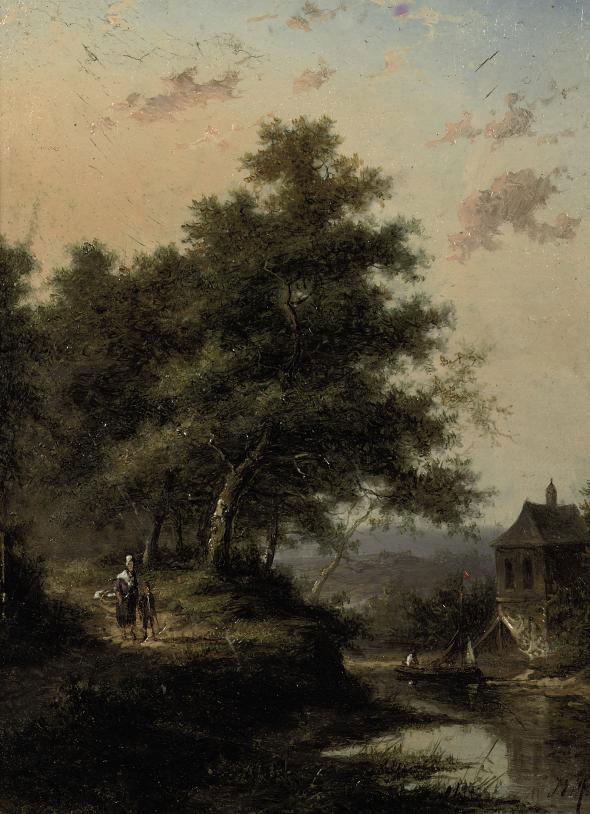Jan Evert Morel II - A forest landscape with a river and figures walking down a path