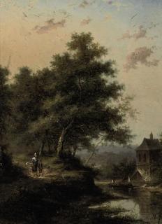 Jan Evert Morel II - A forest landscape with a river and figures walking down a path