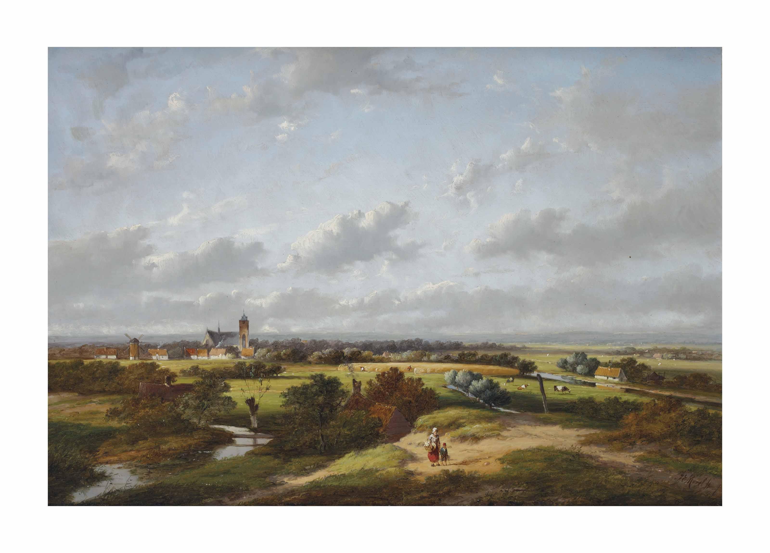 Jan Evert Morel (II) - A panoramic river landscape with a village beyond