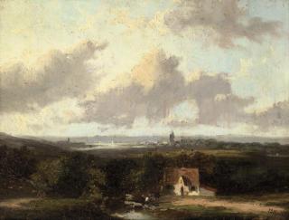 Jan Evert Morel II - Panoramic landscape, with a town in the distance