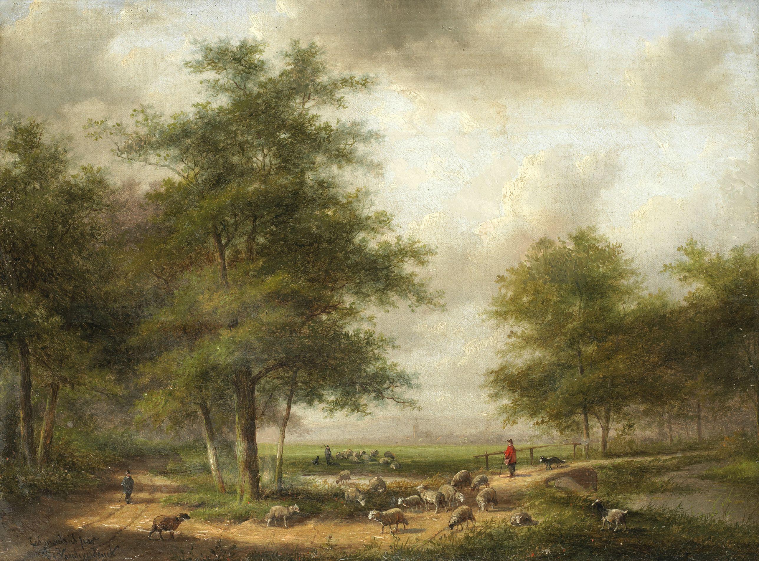 Jan Evert Morel - A Treelined Landscape With Sheep And Figures, A Town Beyond