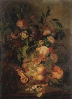 Jan Evert Morel - Grapes, pomegranates, peaches, cherries, and a melon, with carnations, and other flowers on a stone ledge in a landscape