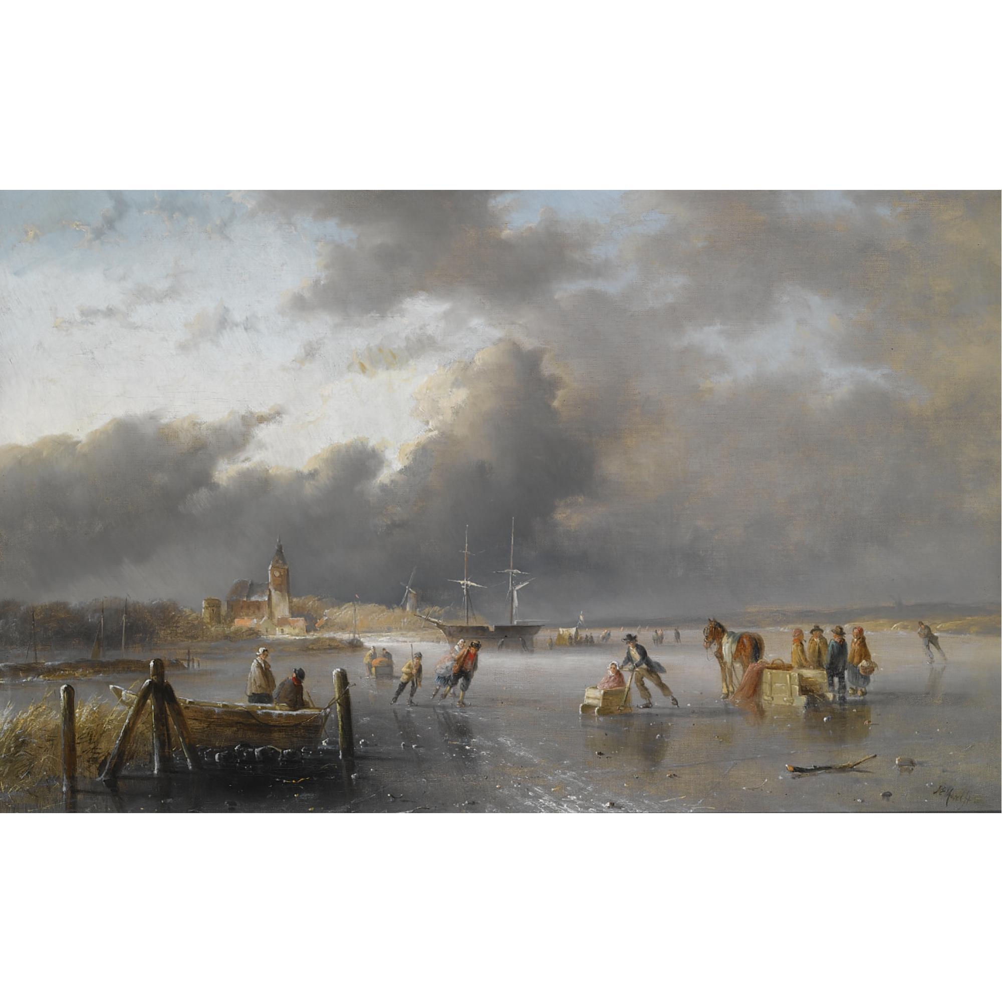 Jan Evert Morel - Skaters On A Frozen Waterway, A \'Koek En Zopie\' In The Distance