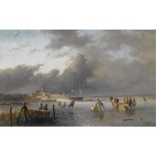Jan Evert Morel - Skaters On A Frozen Waterway, A \'Koek En Zopie\' In The Distance