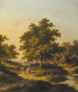 Jan Evert Morel - Travellers conversing in a wooded landscape