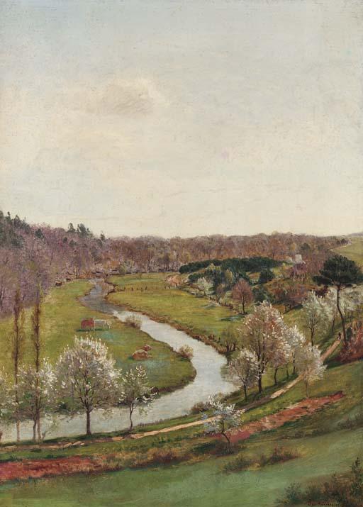 Jan-Ferdinand Monchablon - Cows resting near a Stream in a Summer Landscape