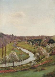 Jan-Ferdinand Monchablon - Cows resting near a Stream in a Summer Landscape