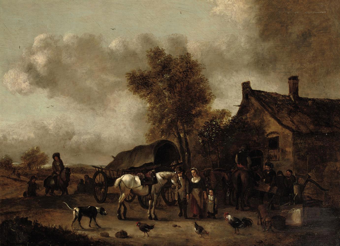 Jan Frans Soolmaker - A landscape with horses and riders near a tavern