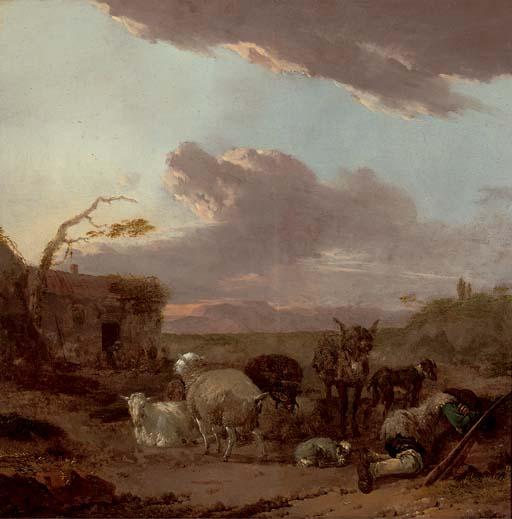 Jan Frans Soolmaker - An evening landscape with a shepherd resting with his flock by a house