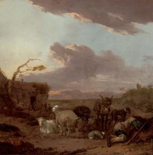 Jan Frans Soolmaker - An evening landscape with a shepherd resting with his flock by a house