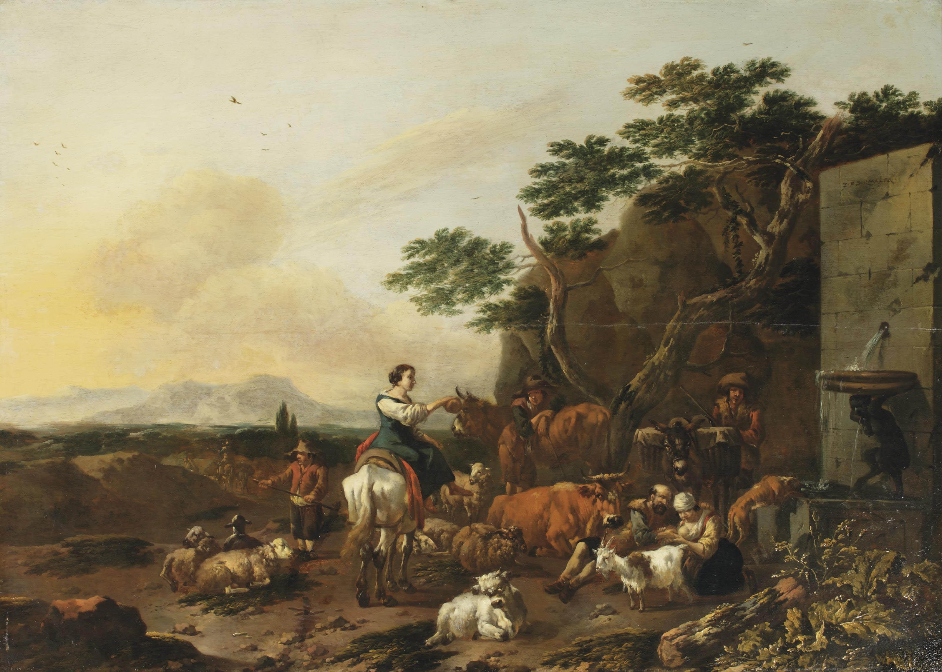 Jan Frans Soolmaker - An Italianate landscape with shepherds and their stock resting near a fountain