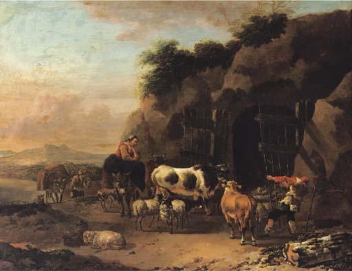 Jan Frans Soolmaker - Peasants Driving Their Cattle And Sheep Into A Cave In An Italianate Landscape