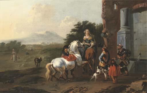 Jan Frans Soolmaker - Riders Resting By A Fountain With A Mendicant And Dogs, Figures On A Path And Mountains Beyond