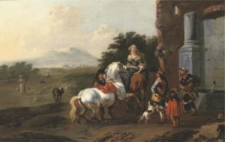 Jan Frans Soolmaker - Riders Resting By A Fountain With A Mendicant And Dogs, Figures On A Path And Mountains Beyond