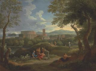 Jan Frans van Bloemen - A capriccio in the Roman campagna with classical figures