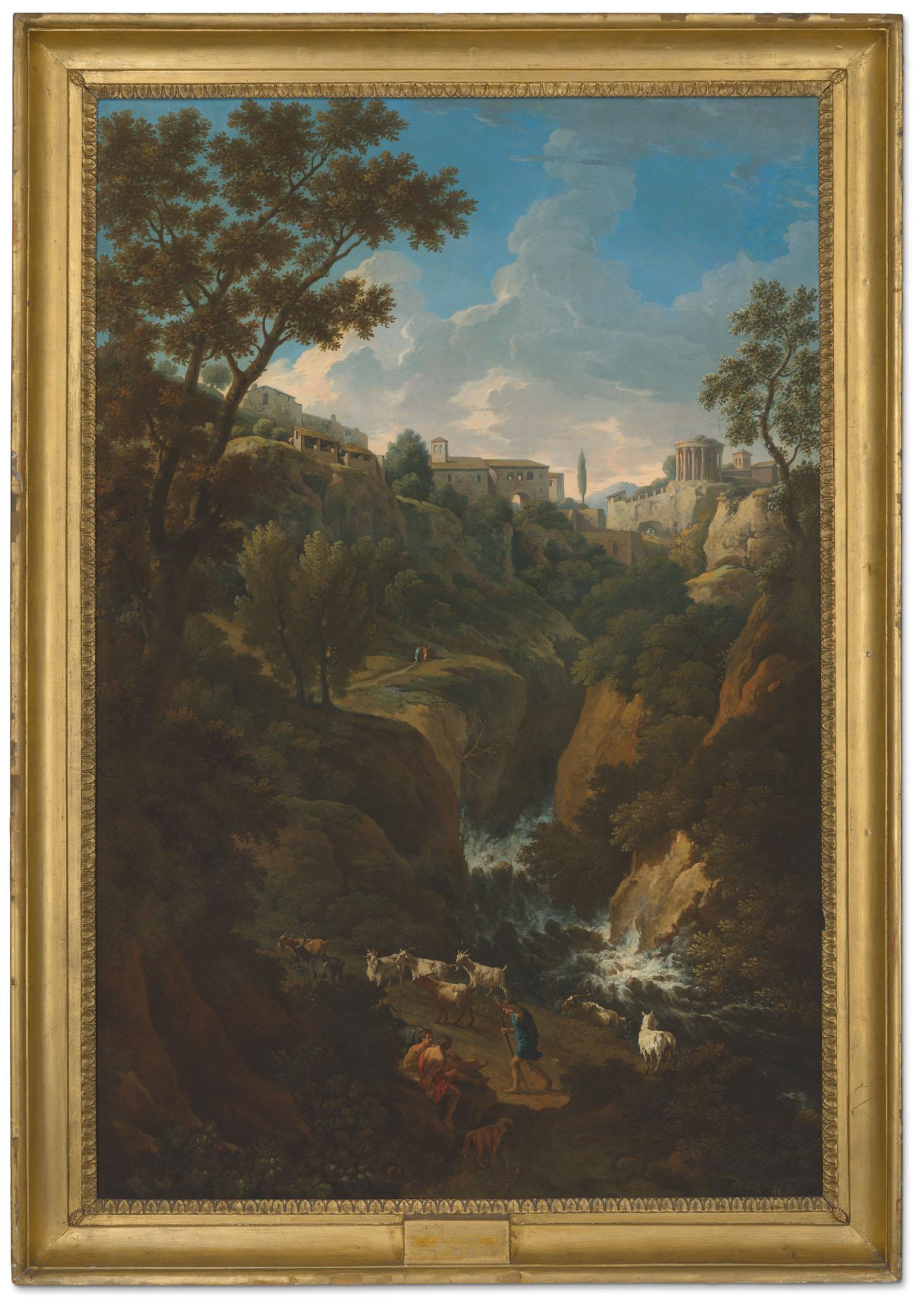 Jan Frans Van Bloemen - A capriccio of Tivoli with a waterfall and shepherds