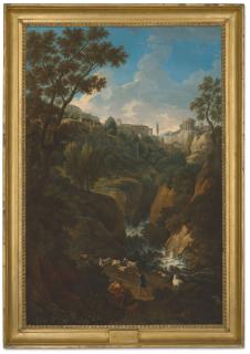 Jan Frans Van Bloemen - A capriccio of Tivoli with a waterfall and shepherds
