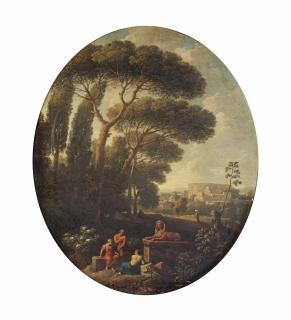 Jan Frans van Bloemen - A \'capriccio\' view of Rome with the Colisseum and classical figures in the foreground