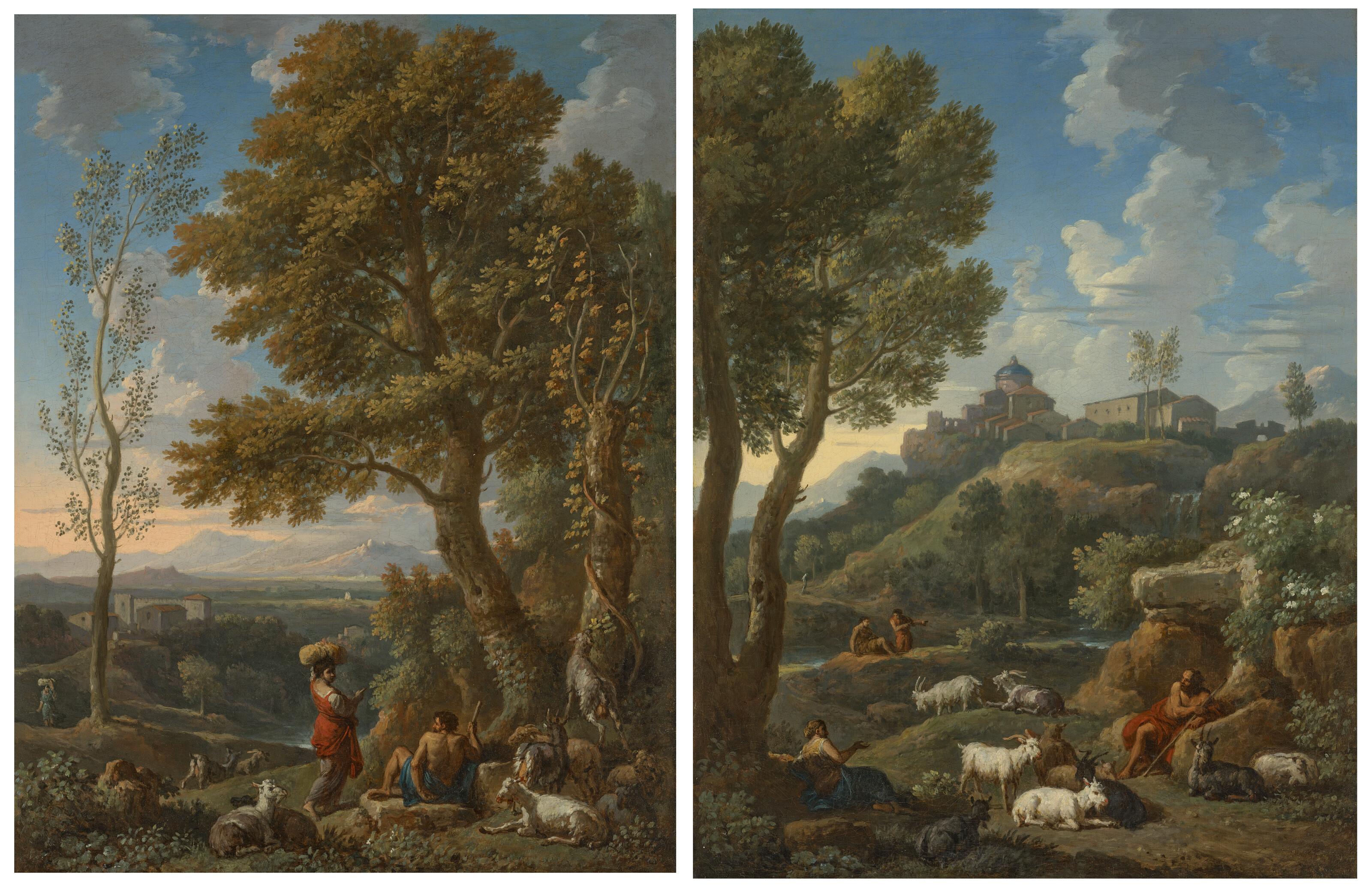 Jan Frans Van Bloemen - A classical Italianate landscape with a goatherd and his flock, mountains beyond; and A classical Italianate landscape with a shepherd and his flock, other figures and a hilltop town beyond