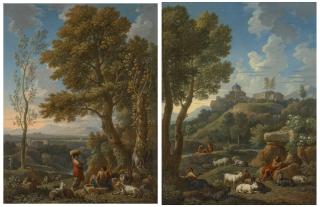Jan Frans Van Bloemen - A classical Italianate landscape with a goatherd and his flock, mountains beyond; and A classical Italianate landscape with a shepherd and his flock, other figures and a hilltop town beyond
