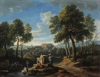 Jan Frans van Bloemen - A classical landscape with figures by ruins