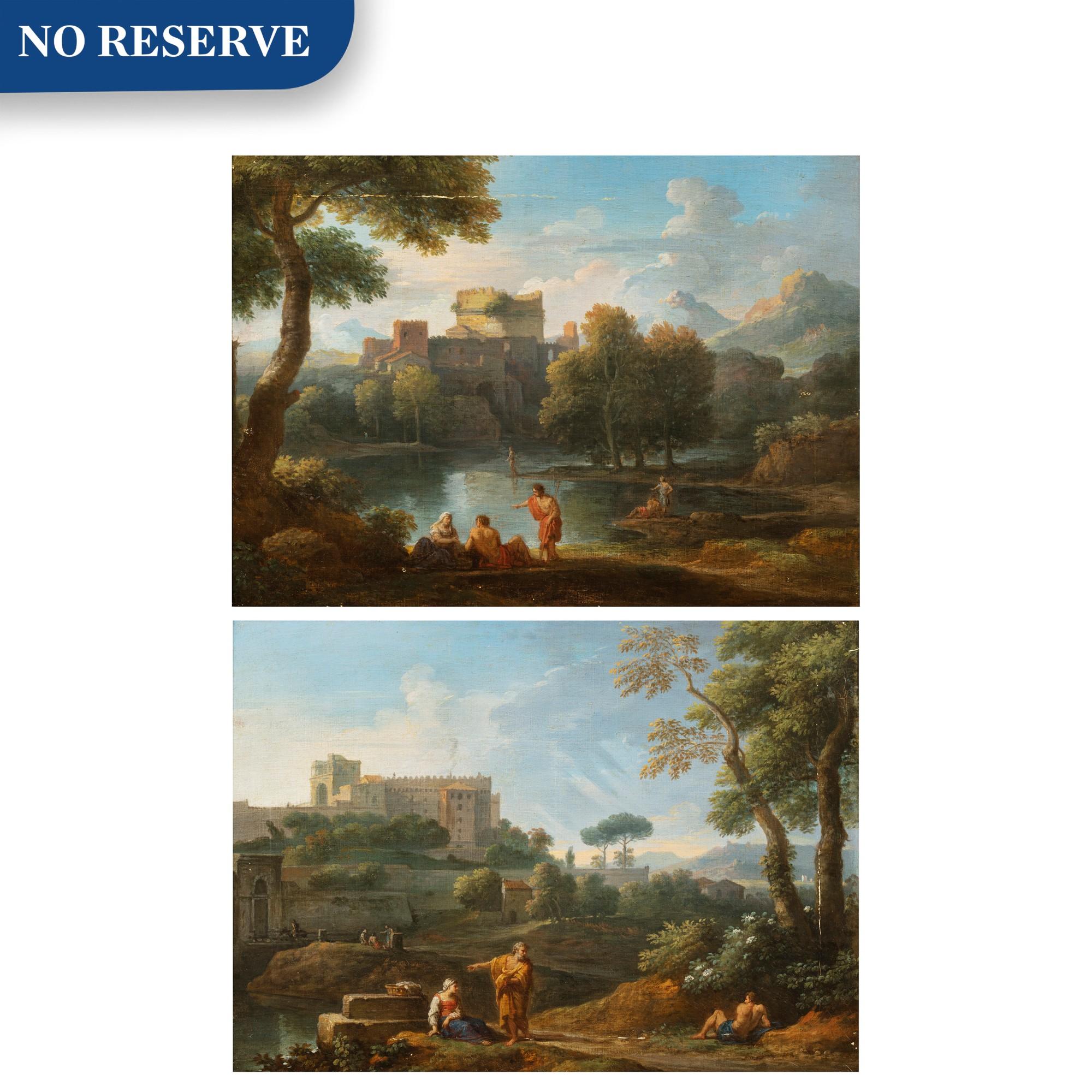 Jan Frans van Bloemen - A classical landscape with the Tomb of Cecilia Metella and figures conversing;  A classical landscape with a capriccio of the Vatican Belvedere and figures conversing in the foreground