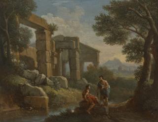 Jan Frans van Bloemen - A classical landscape with two figures