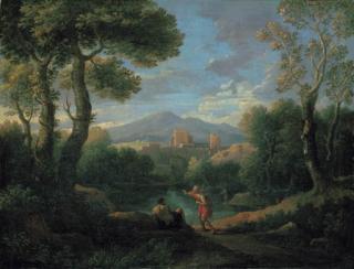 Jan Frans Van Bloemen - A classical landscape with two shepherds by a lake, a village beyond