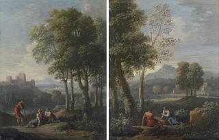 Jan Frans Van Bloemen - A classical mountainous landscape with a man and a woman seated beneath a tree, a herd of sheep beyond; and A classical mountainous landscape with figures resting by a stream, a castle beyond