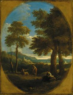 Jan Frans Van Bloemen - A classical wooded landscape with figures, a town and mountains beyond