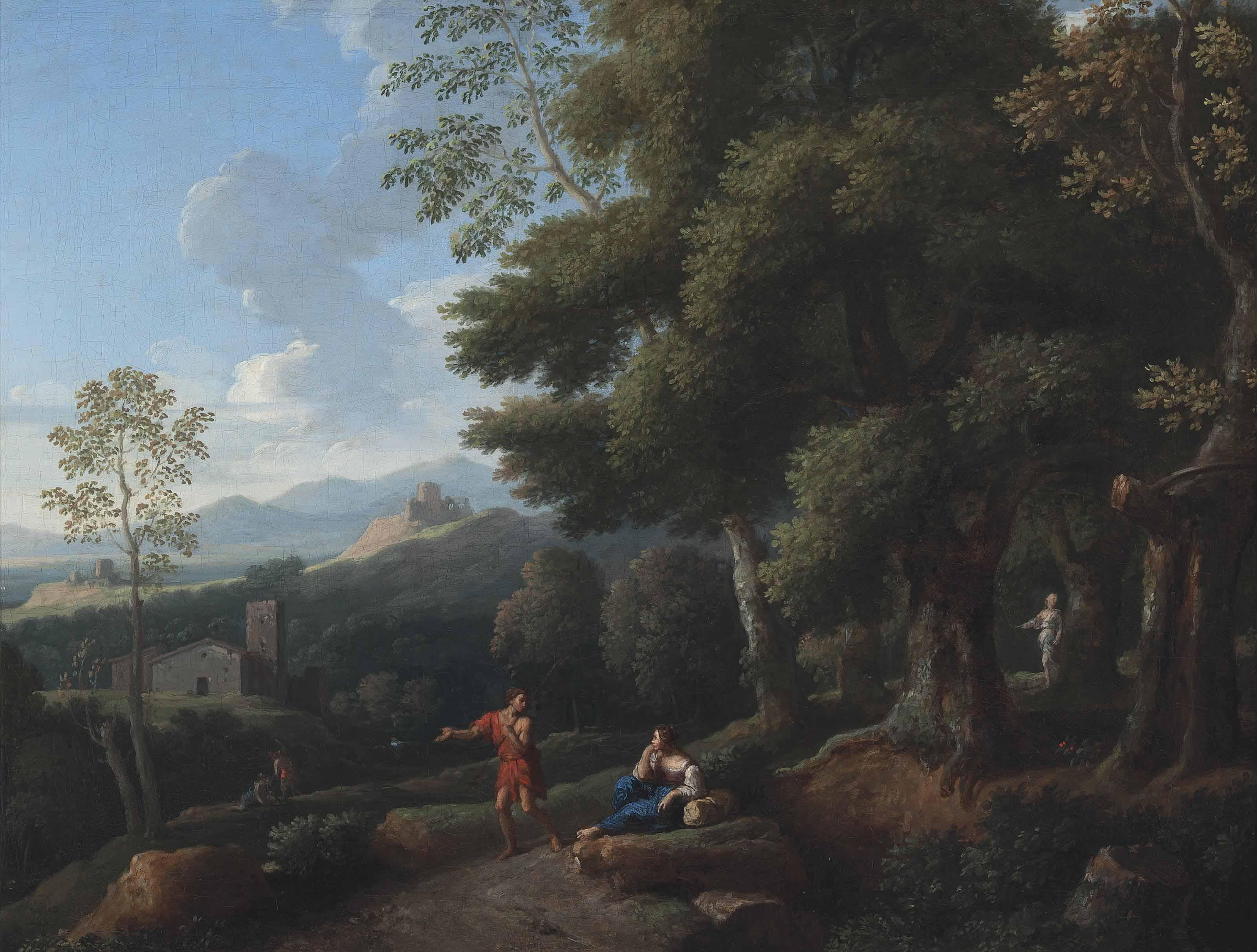 Jan Frans Van Bloemen - A Wooded Landscape With Figures Conversing, Ruins Beyond