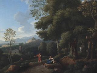 Jan Frans Van Bloemen - A Wooded Landscape With Figures Conversing, Ruins Beyond