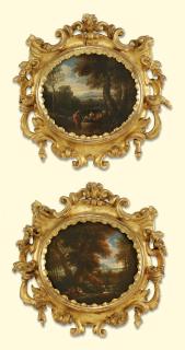 Jan Frans van Bloemen - A wooded river landscape with classical figures and a fortified town in the distance; and A wooded landscape with figures by a stream