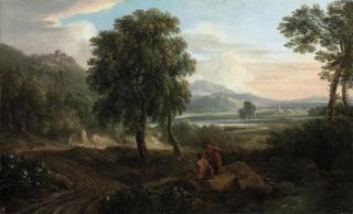 Jan Frans van Bloemen - A wooded  river landscape, with figures and sheep on a track, a fortified town and mountains beyond