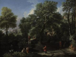 Jan Frans van Bloemen - An arcadian landscape with figures, a classical temple beyond